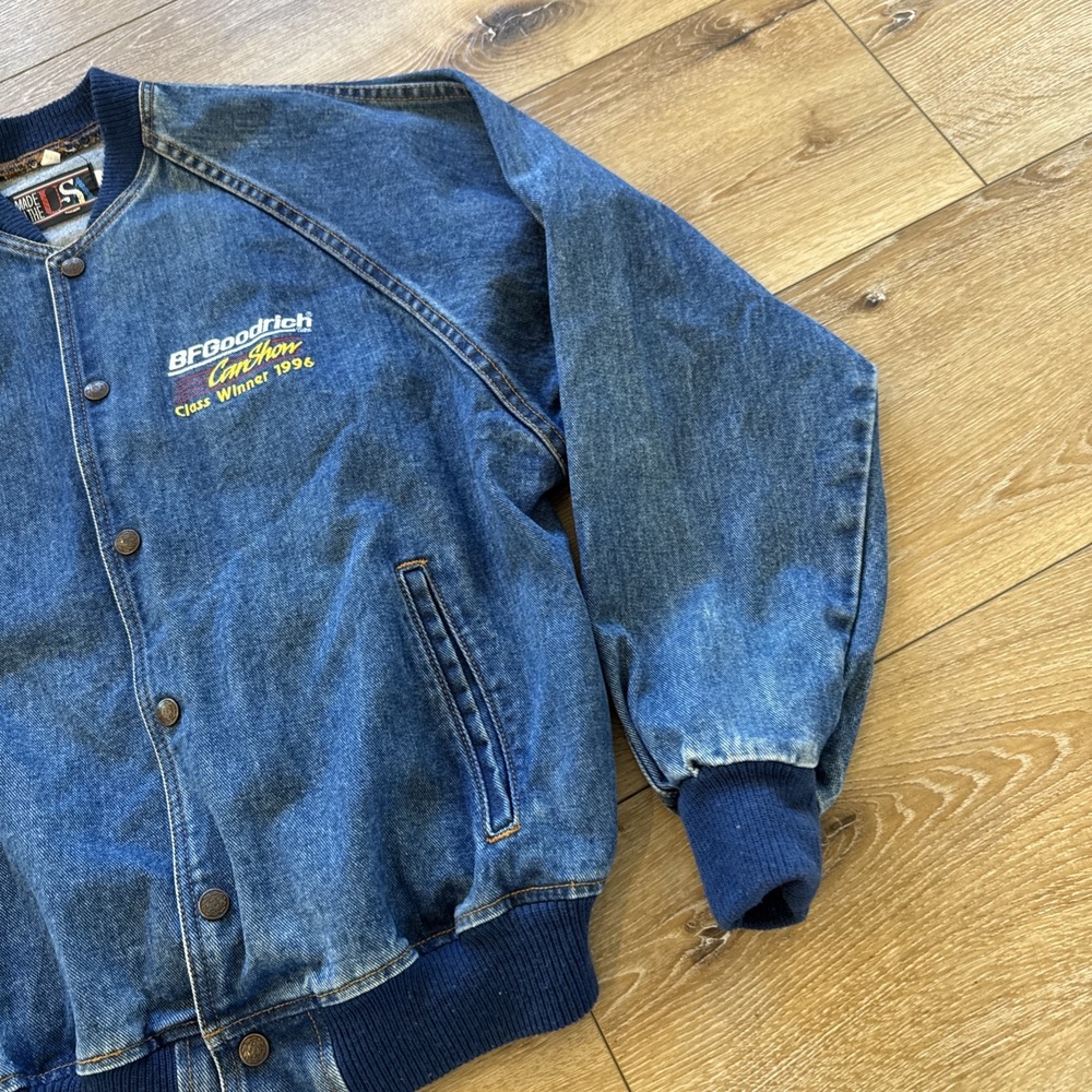 Vintage Denim Bomber Jacket Mens M Super Chevy Parts Plus BFGoodrich Car Show - Picture 6 of 9